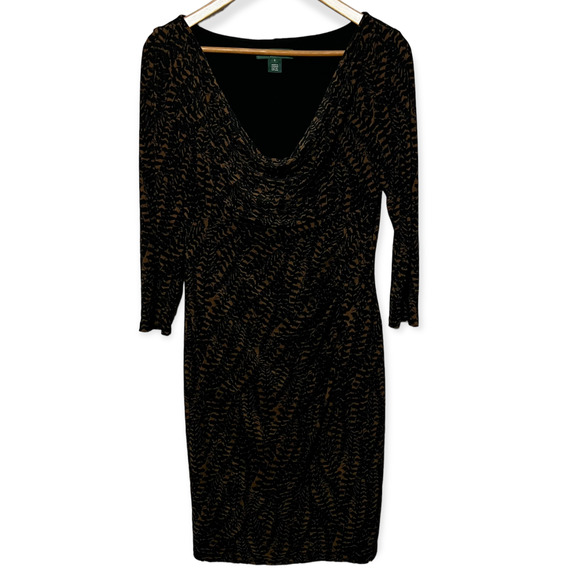 Lauren Ralph Lauren Women's Black & Brown Print Cowl Neck Ruched Side Dress Sz 8 - Picture 2 of 11